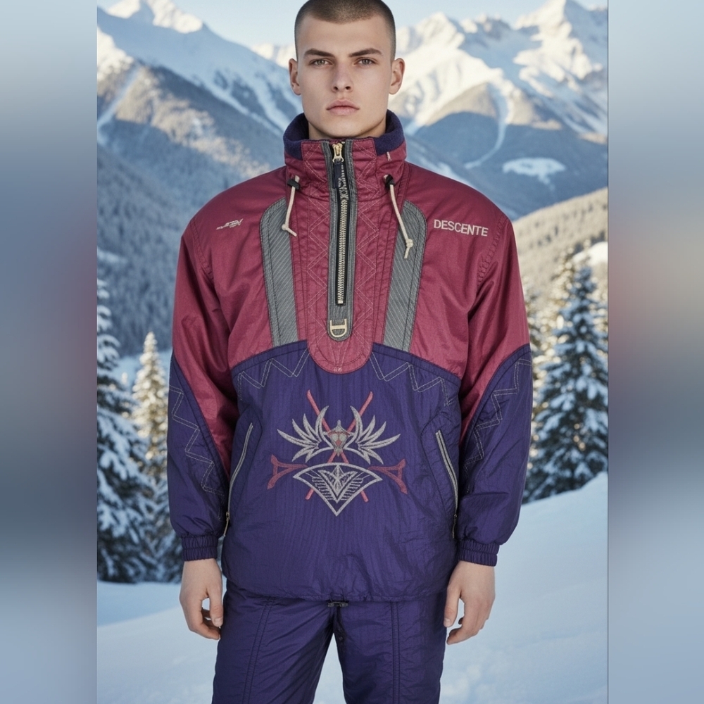 Vtg Descente Ski Suit Mens 2 Piece Snow Set Jacket Pants Purple Magenta Retro 90